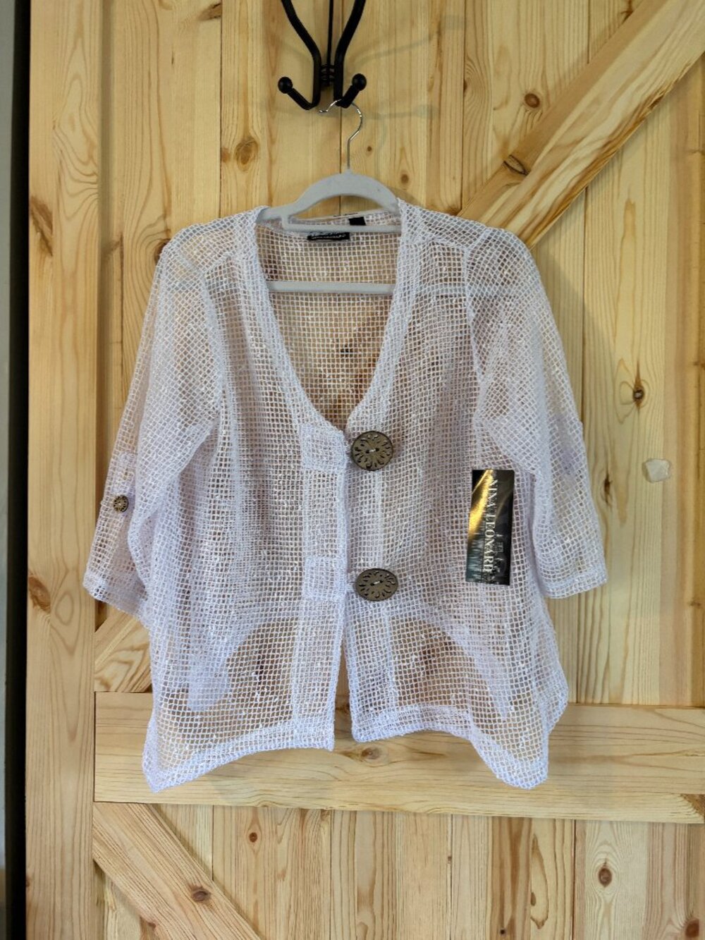 Nina Leonard XL White Open Knit Cardigan Sheer Mesh Top NWT